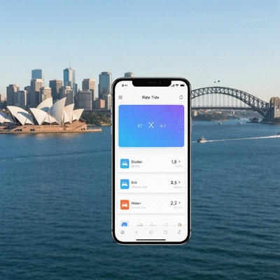 Modern smartphone displaying a rideshare app with fare comparison, set against a blurred Sydney cityscape background, no text, no words, no typography, 8K