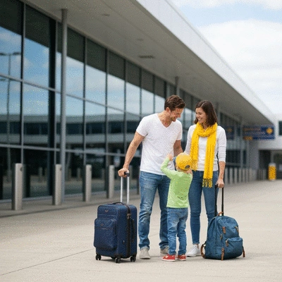 Family with luggage waiting for taxi at Sydney airport