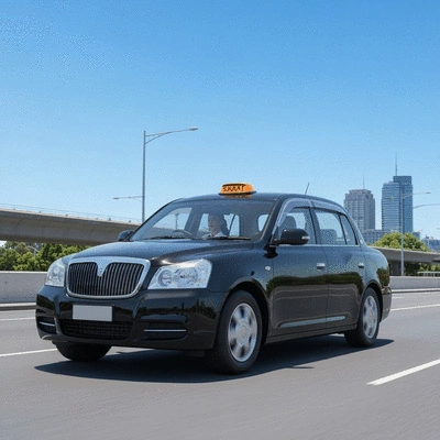 Modern licensed taxi driving on a clean Sydney street, professional and safe appearance, no text, no words, no typography, 8K