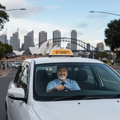 Professional taxi driver smiling and driving a clean taxi in Sydney, Australia