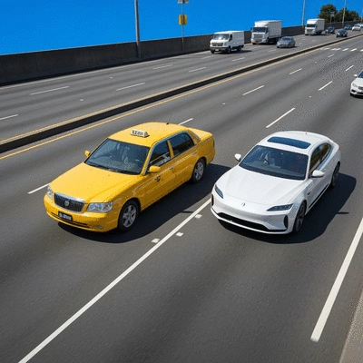 Overhead view of Sydney road with a taxi and a rental car driving in parallel, illustrating cost comparison.