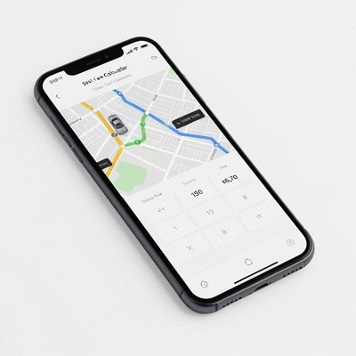 Modern smartphone displaying a Sydney taxi fare calculator interface with map and fare estimate