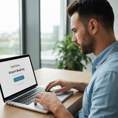 Man making an online booking for airport transfer on a laptop