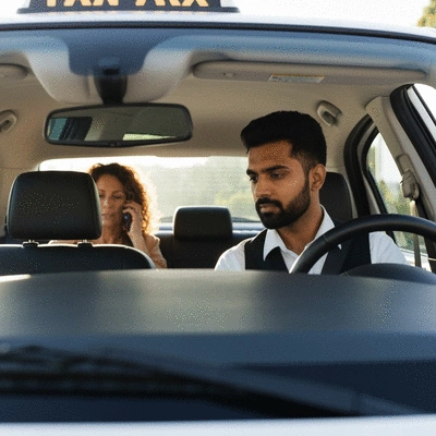 Sydney taxi driver looking at a taxi meter with a passenger in the background, clean image
