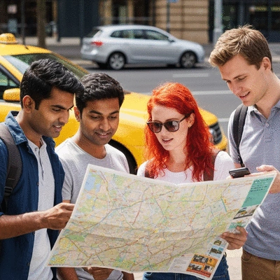 Group of friends in Sydney discussing transportation options, some looking at a map, others at a phone, with a taxi and rental car in the background.