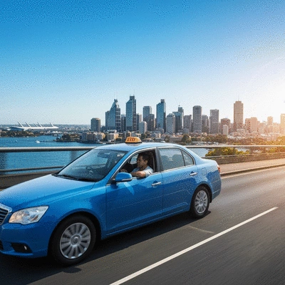 A taxi driving through Sydney, with the airport in the distance and city skyline prominent