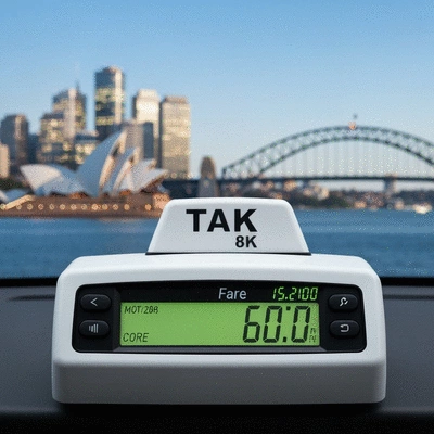 Modern taxi meter displaying a fare, with a blurred Sydney cityscape in the background