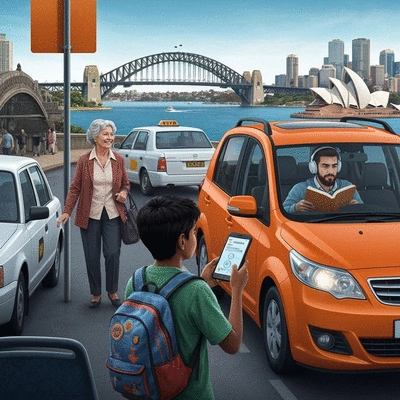 People using various modes of transport in Sydney, including a taxi, a rideshare car, and public transport, illustrating informed choices, no text, no words, no typography, 8K