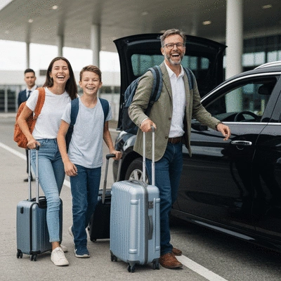 Happy family arriving at Sydney Airport, smiling, with luggage, near a waiting taxi or private transfer vehicle, no text, no words, no typography, 8K, natural lighting