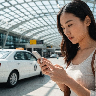 Traveler using a ride-hailing app on a smartphone at Sydney Airport, with a modern taxi in the background