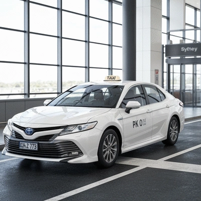 Sydney Airport taxi waiting at terminal, clean and modern vehicle, professional driver nearby, no text, no words, no typography, 8K, natural lighting