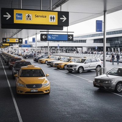 Taxi rank at Sydney Airport with taxis waiting for passengers