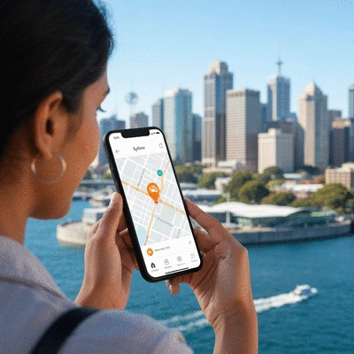 Person using a mobile app to book a taxi in Sydney, showing a map and car icon, clean and modern interface, no text, no words, no typography, 8K