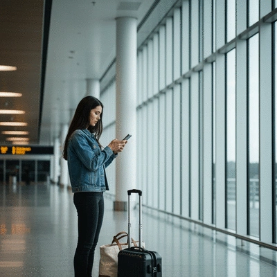 Person looking at map on phone inside Sydney airport, luggage nearby