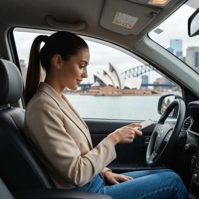 Person tapping phone to contactless payment terminal in a modern Sydney taxi, blurred city background, no text