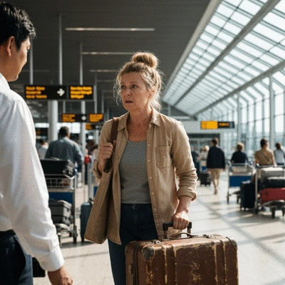 Traveler looking concerned at a taxi driver at Sydney Airport, with luggage, in a bustling airport environment